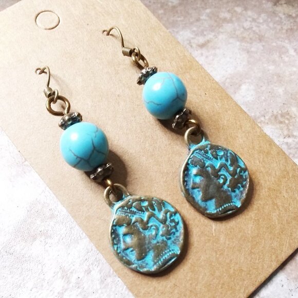 Verdigris Patina! Hand Painted Bronze Coin Danglers! Boho Vintage Style Earrings - Picture 1 of 6